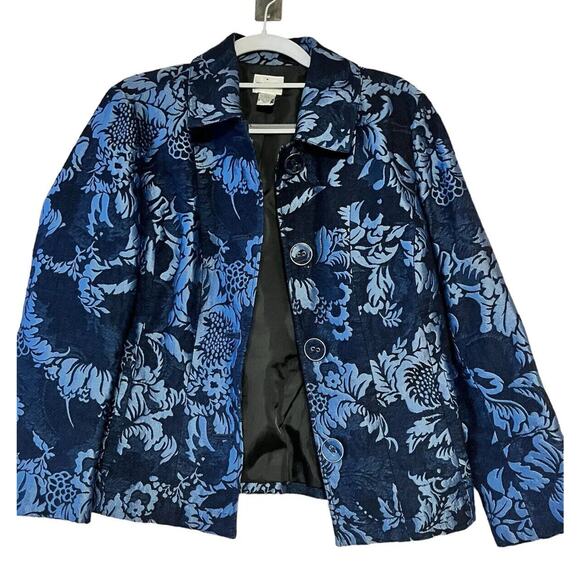 CHICOS Stefi Jacquard Brocade Jacket •0/ XS• Navy Blue 3/4 Blazer Coat Steffi - Picture 1 of 7